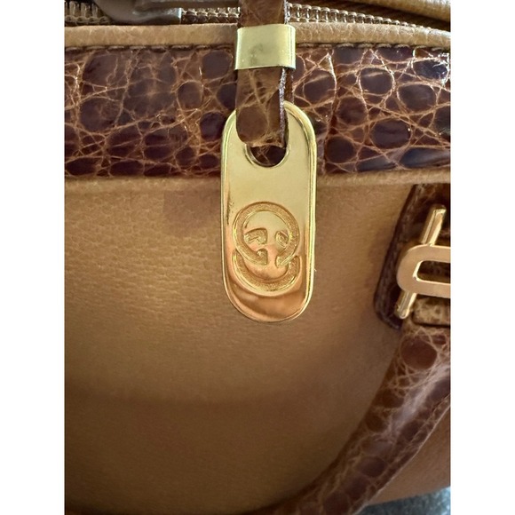 Vintage Gucci Top Handle Bag 1983 Collection Camel Leather & Croc-Embossed Trim - Picture 9 of 12